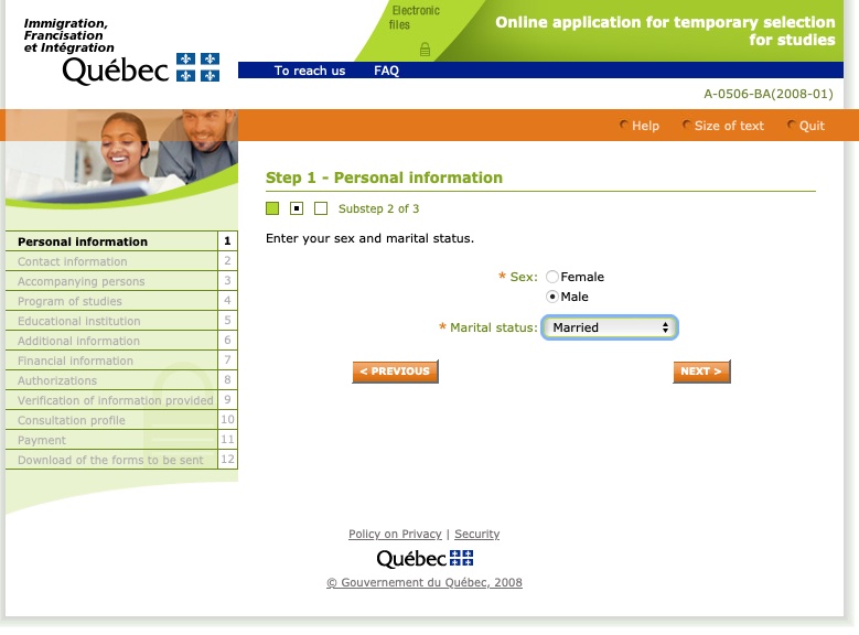 Passo 2 CAQ site oficial do governo de Quebec