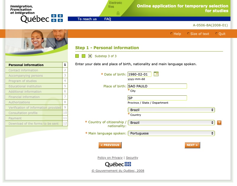 Passo 3 CAQ site oficial do governo de Quebec